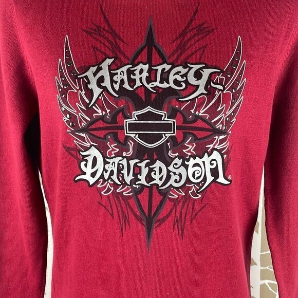 Harley-Davidson Y2K Turtleneck Studded Cotton Sweater Burgundy S - Picture 2 of 8